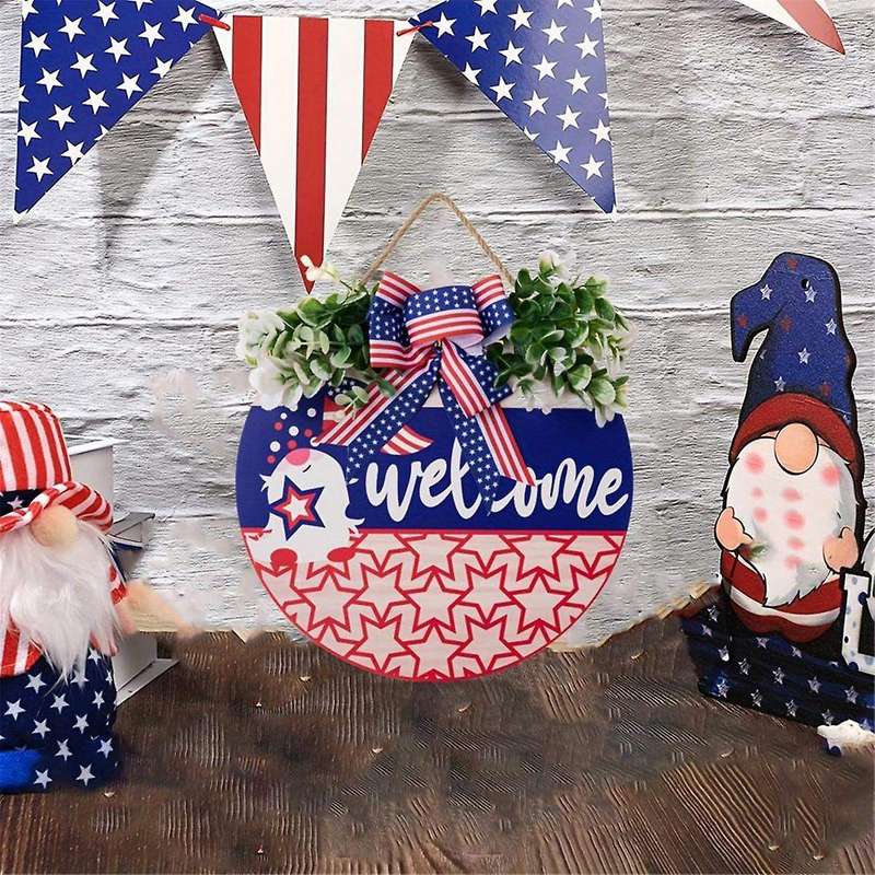 4Th of July Wreath Decoration Patriotic Bow Red White Blue Round Wooden Wall Hanging Decoration