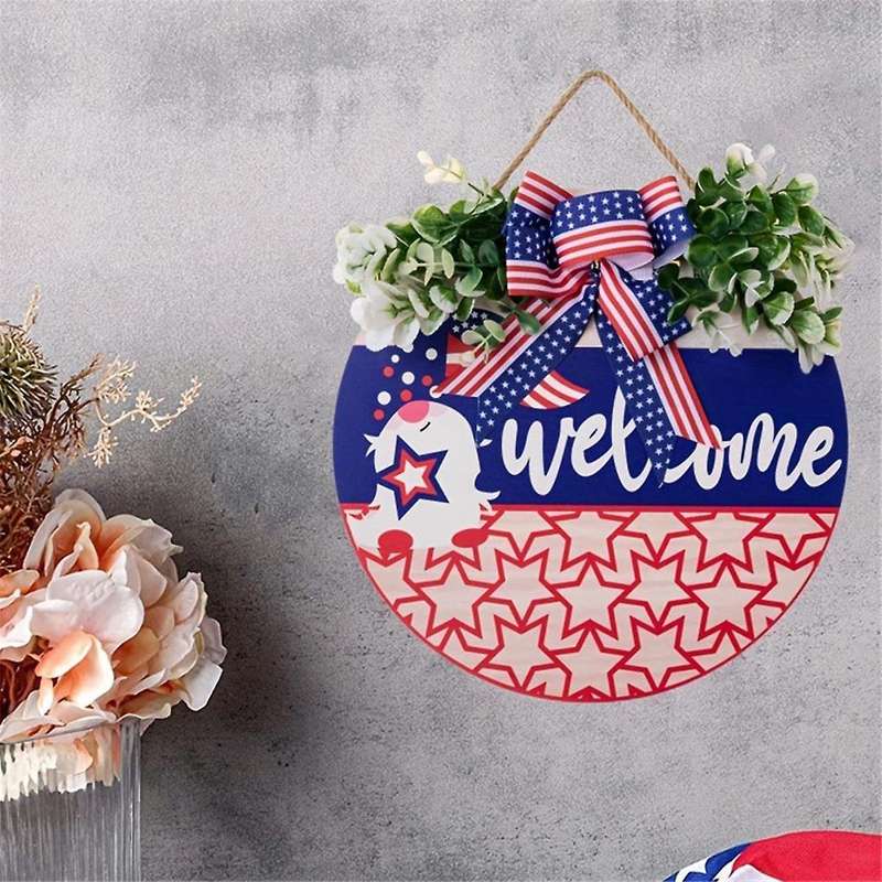 4Th of July Wreath Decoration Patriotic Bow Red White Blue Round Wooden Wall Hanging Decoration