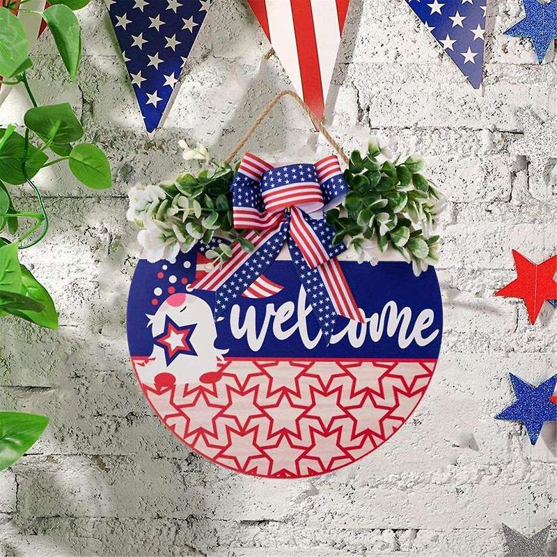4Th of July Wreath Decoration Patriotic Bow Red White Blue Round Wooden Wall Hanging Decoration