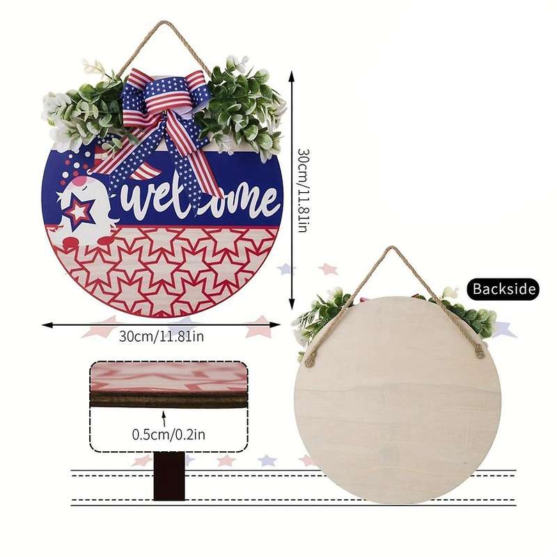 4Th of July Wreath Decoration Patriotic Bow Red White Blue Round Wooden Wall Hanging Decoration