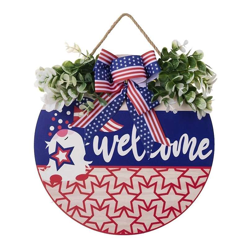 4Th of July Wreath Decoration Patriotic Bow Red White Blue Round Wooden Wall Hanging Decoration