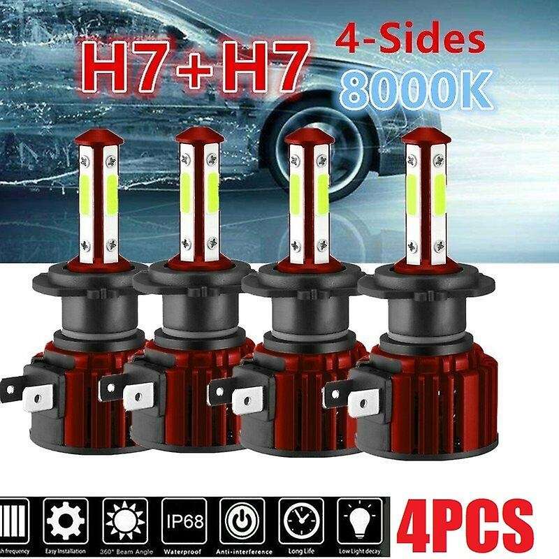 4X 4-Sides H7+H7 Combo LED Headlight Bulb Kit 8000K Blue Hi&Lo Beam 30000LM