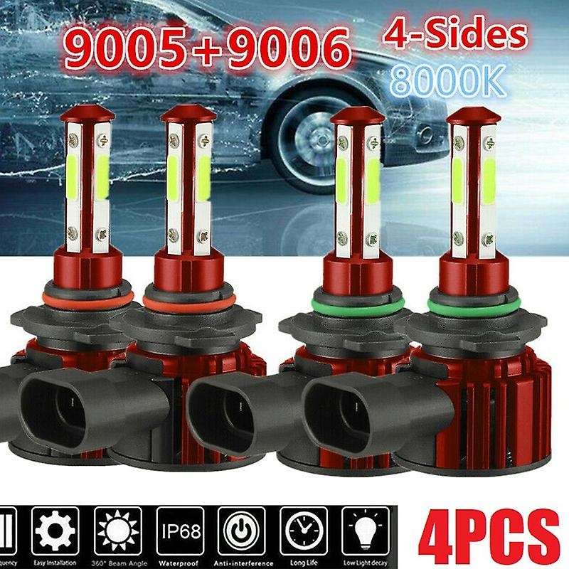 4X 8000K Ice Blue LED Headlight Bulbs Conversion Kit 9005 + 9006 High Low Beam 4-Sides