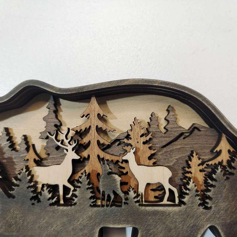Forest Animal Wooden Home Ornament Multilayer Woodland Bear Silhouette Decor with LED Light -A
