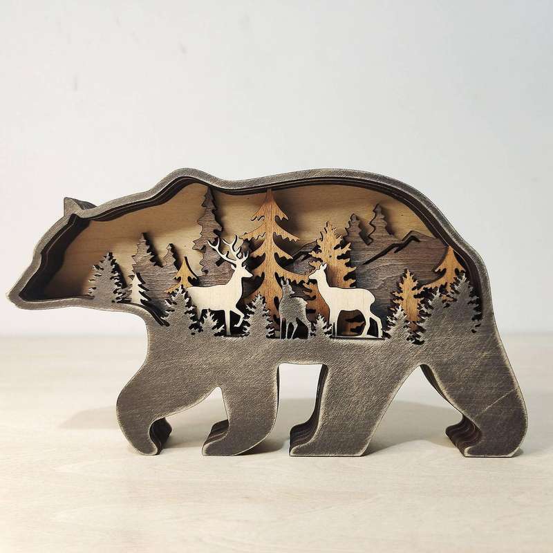 Forest Animal Wooden Home Ornament Multilayer Woodland Bear Silhouette Decor with LED Light -A