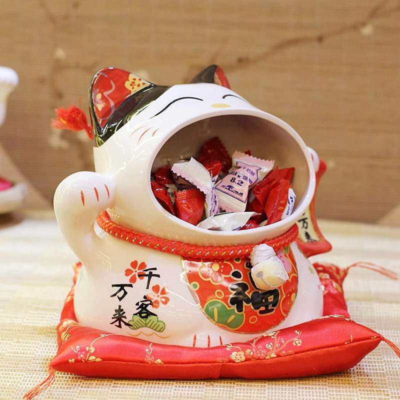 Fortune Cat Storage Snack Jar Piggy Bank for Attract Wealth and Good Luck Happy Cat with Waving Arm