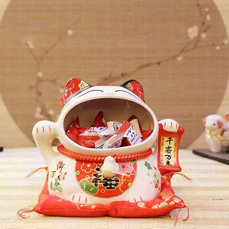 Fortune Cat Storage Snack Jar Piggy Bank for Attract Wealth and Good Luck Happy Cat with Waving Arm