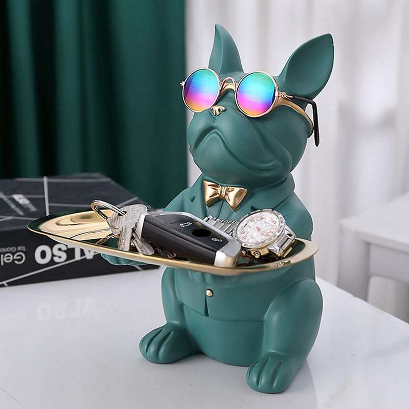 French Bulldog Figurine with Tray Sculpture Desk Storage Statue Decorative Coin Bank Home Room Decor