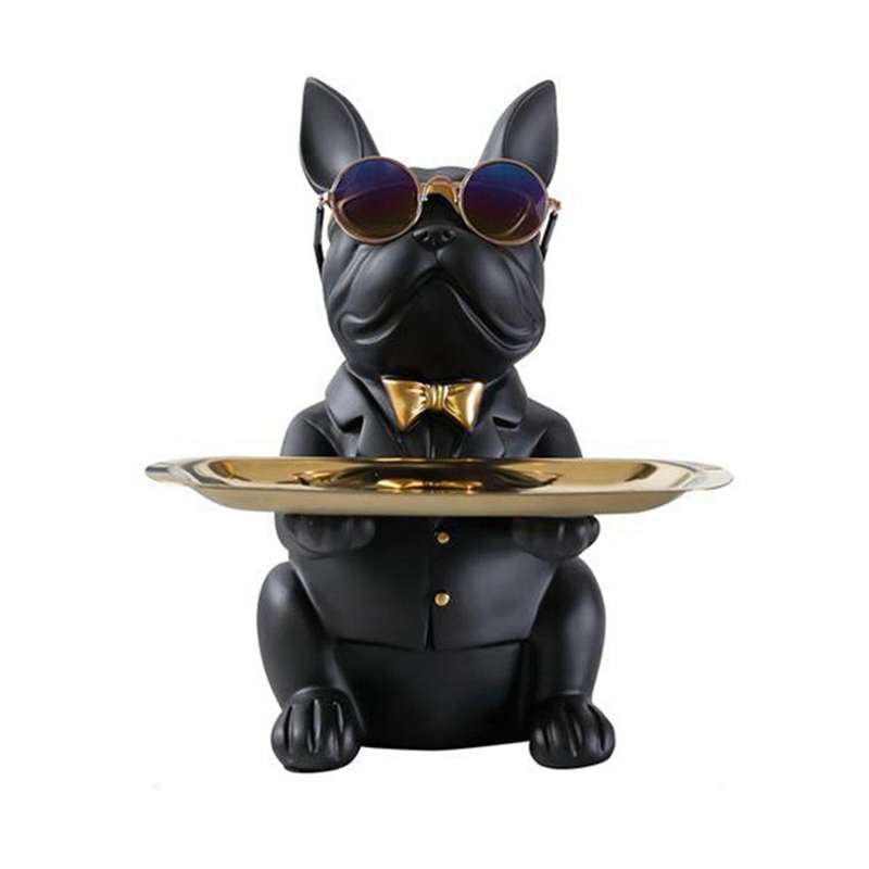 French Bulldog Figurine with Tray Sculpture Desk Storage Statue Decorative Coin Bank Home Room Decor