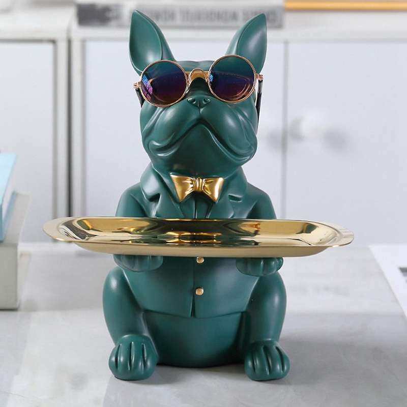 French Bulldog Figurine with Tray Sculpture Desk Storage Statue Decorative Coin Bank Home Room Decor