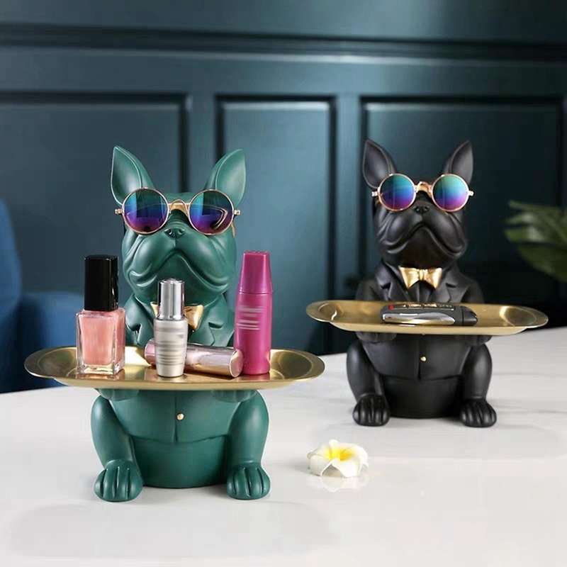 French Bulldog Figurine with Tray Sculpture Desk Storage Statue Decorative Coin Bank Home Room Decor