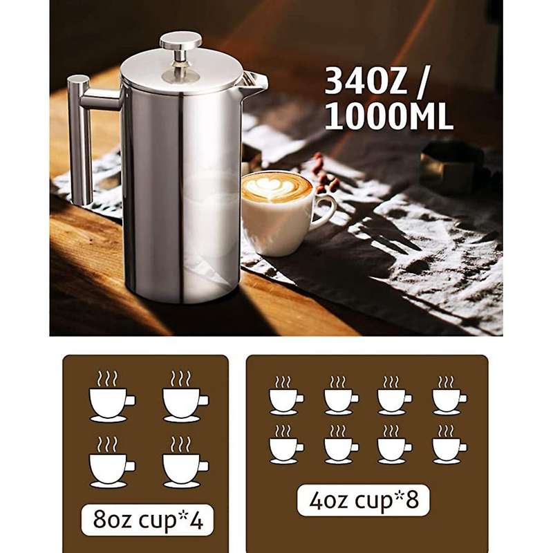 French Press, 1000ML 8 Cups Espresso Coffee Maker Double Wall Stainless Steel Insulated,Tea or Cafet