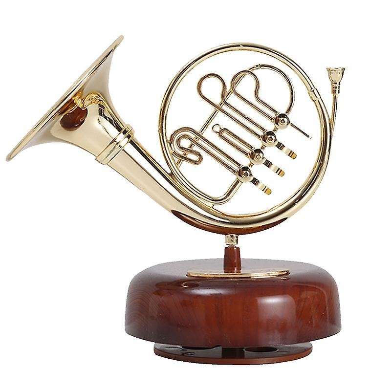 French Horn Music Box Classical Wind Up Twirling Music Box Rotating Base Brass Wind Instrument Mini