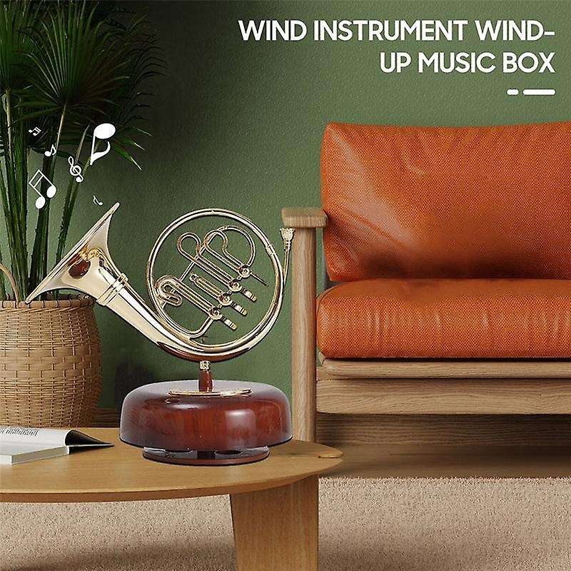 French Horn Music Box Classical Wind Up Twirling Music Box Rotating Base Brass Wind Instrument Mini