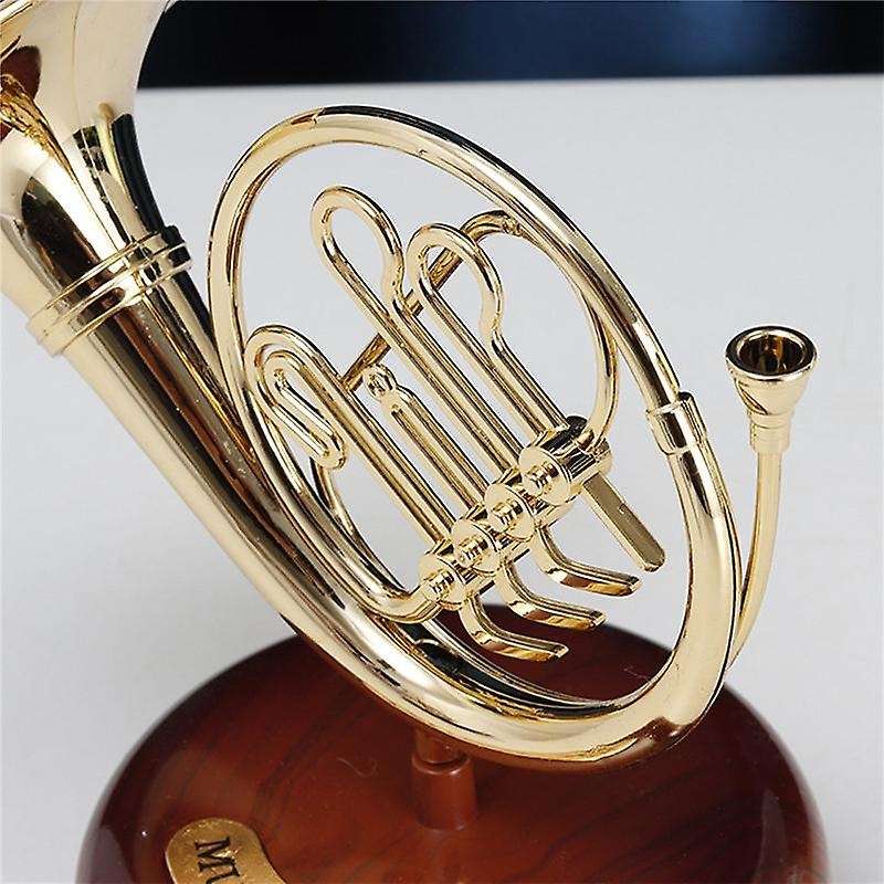 French Horn Music Box Classical Wind Up Twirling Music Box Rotating Base Brass Wind Instrument Mini