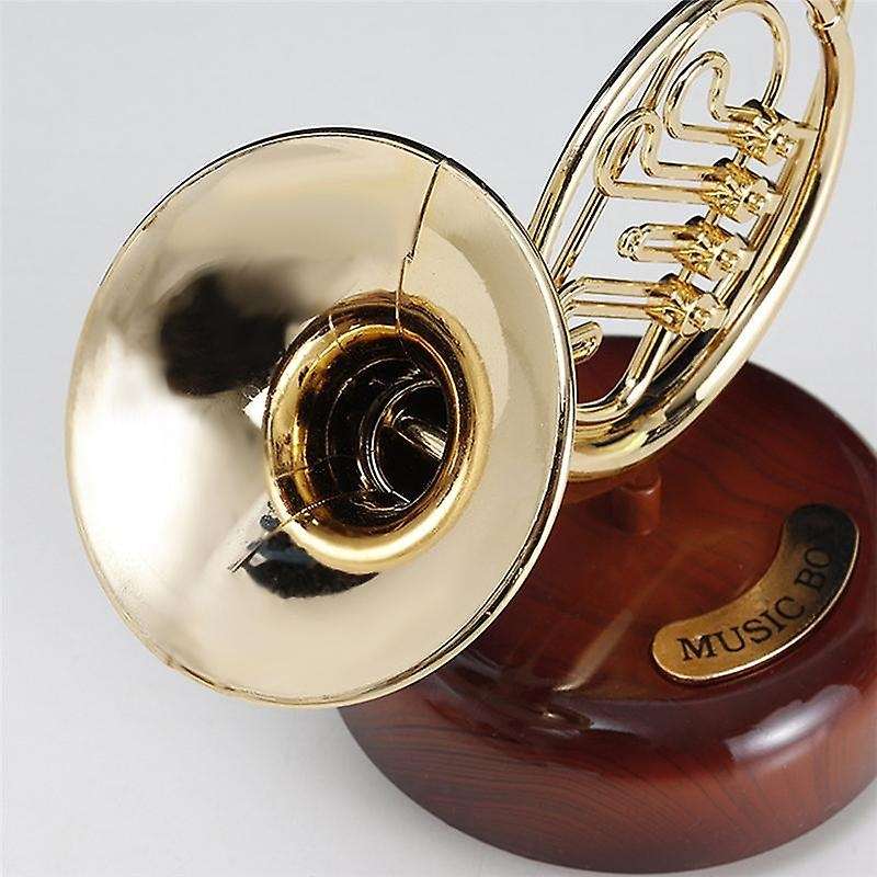 French Horn Music Box Classical Wind Up Twirling Music Box Rotating Base Brass Wind Instrument Mini