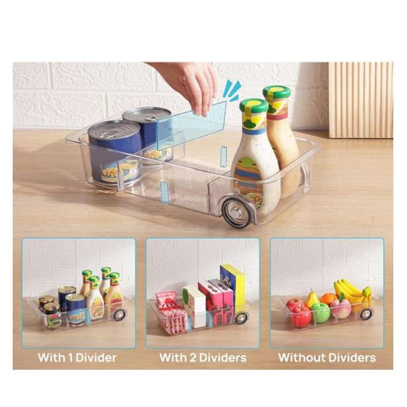 Fridge Organizer Bins on Wheels, Clear Roll Out Drawer Refrigerator Organizing with Dividers, Thick