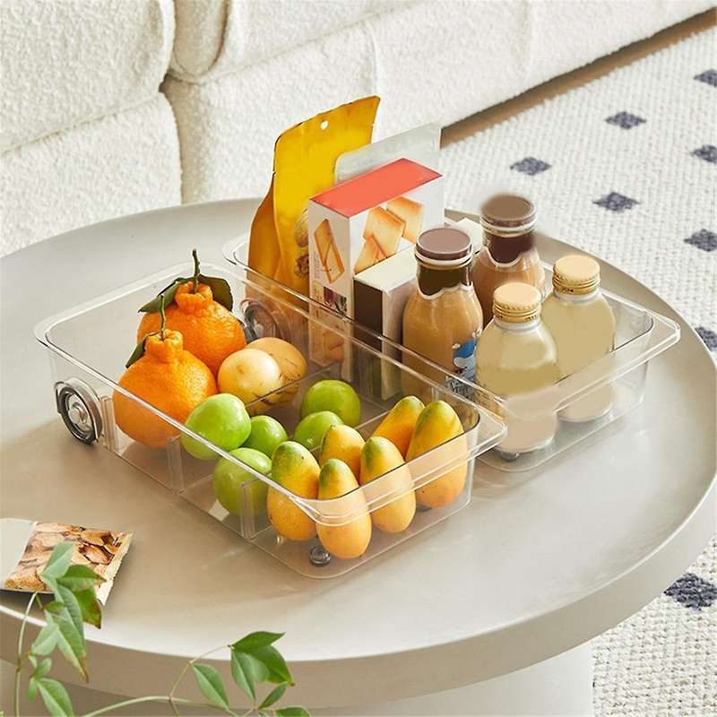 Fridge Organizer Bins On Wheels, Clear Roll Out Drawer Refrigerator Organizing with Dividers, Thick