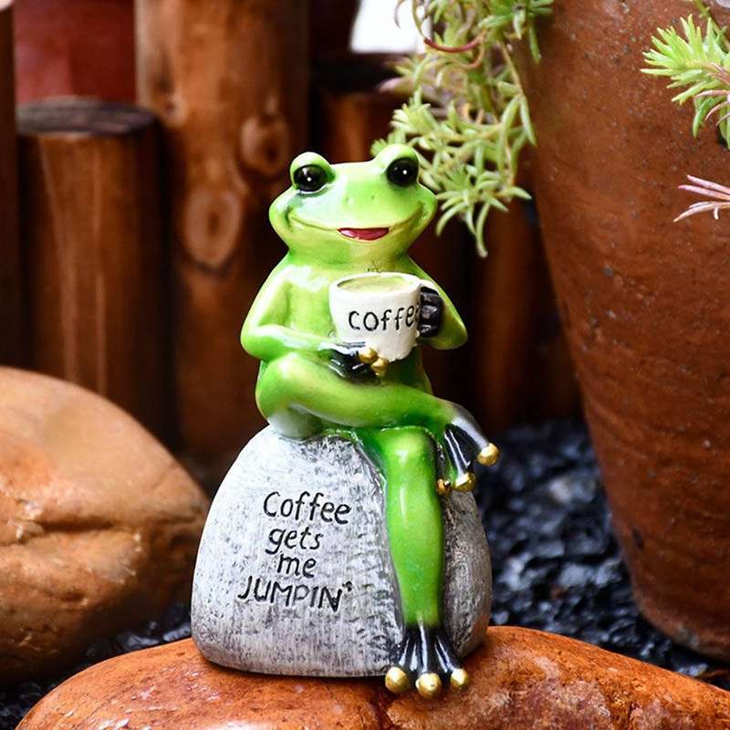 Frog Garden Statue Outdoor Statuary Green Sitting Frog Drinking Coffee Stone Garden Statue for Home