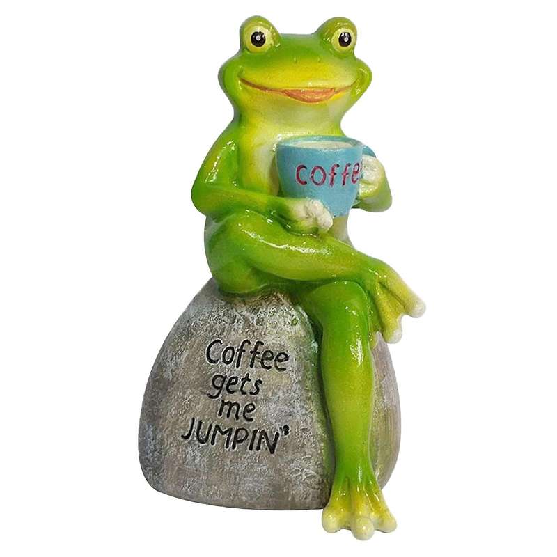 Frog Garden Statue Outdoor Statuary Green Sitting Frog Drinking Coffee Stone Garden Statue for Home