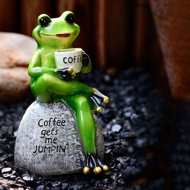 Frog Garden Statue Outdoor Statuary Green Sitting Frog Drinking Coffee Stone Garden Statue for Home