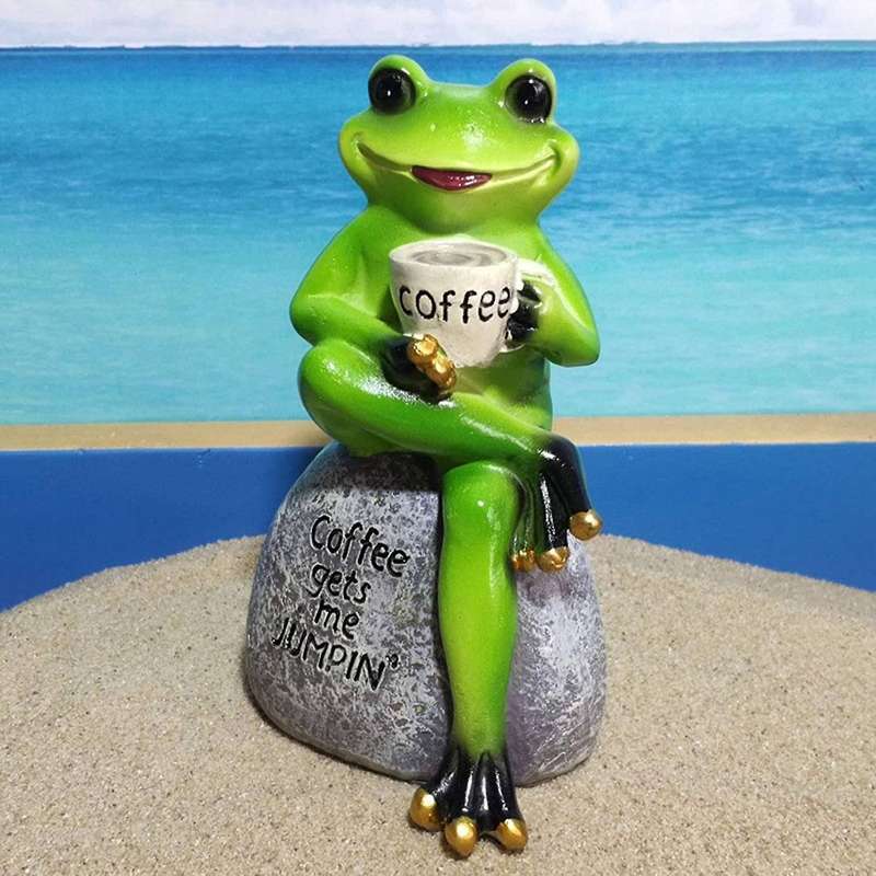 Frog Garden Statue Outdoor Statuary Green Sitting Frog Drinking Coffee Stone Garden Statue for Home