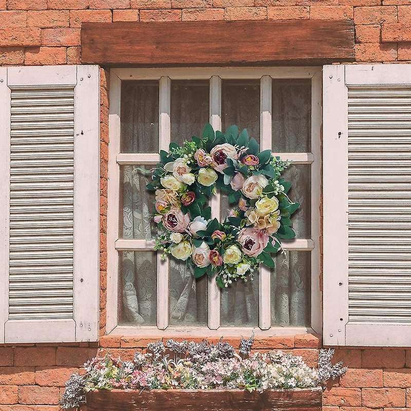 Front Door Wreath Round Silky Artificial Peony Floral Wreath Home Decor for Window Wall Christmas Fe