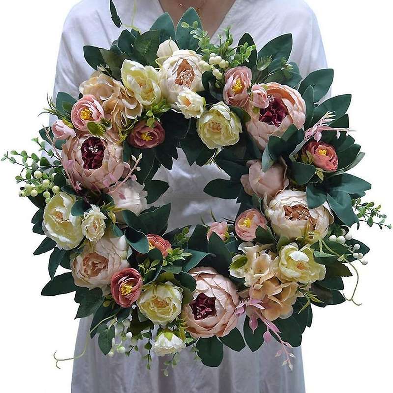 Front Door Wreath Round Silky Artificial Peony Floral Wreath Home Decor for Window Wall Christmas Fe