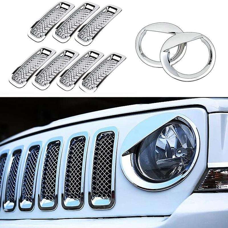 Front Grille Grill Mesh Grille Insert Kit + Angry Eye Style Headlight Lamp Cover Trim for Patriot 20