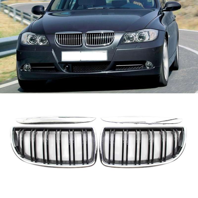 Front Kidney Double Line Grille Sport Grill Replacement for 3 Series E90 E91 Sedan 2005-2008 Chrome