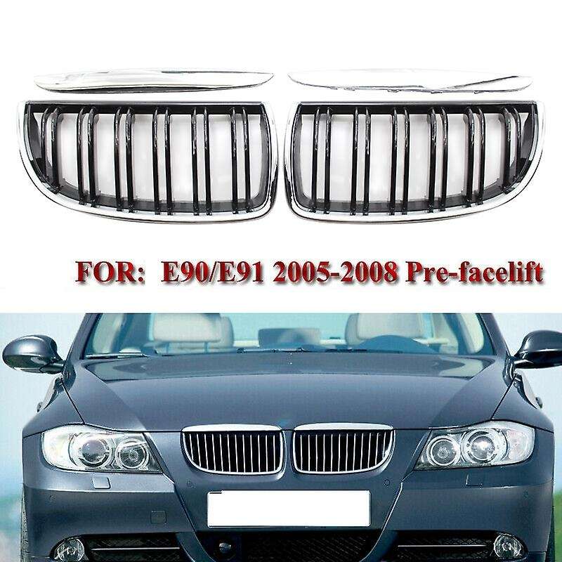 Front Kidney Double Line Grille Sport Grill Replacement for 3 Series E90 E91 Sedan 2005-2008 Chrome