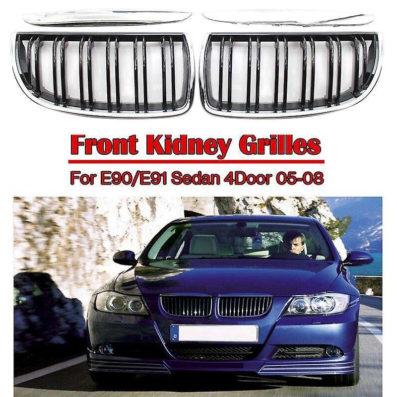 Front Kidney Double Line Grille Sport Grill Replacement for 3 Series E90 E91 Sedan 2005-2008 Chrome