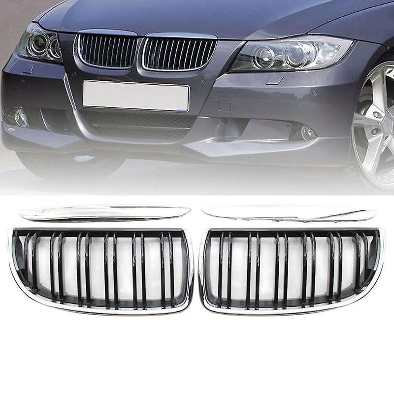 Front Kidney Double Line Grille Sport Grill Replacement for 3 Series E90 E91 Sedan 2005-2008 Chrome