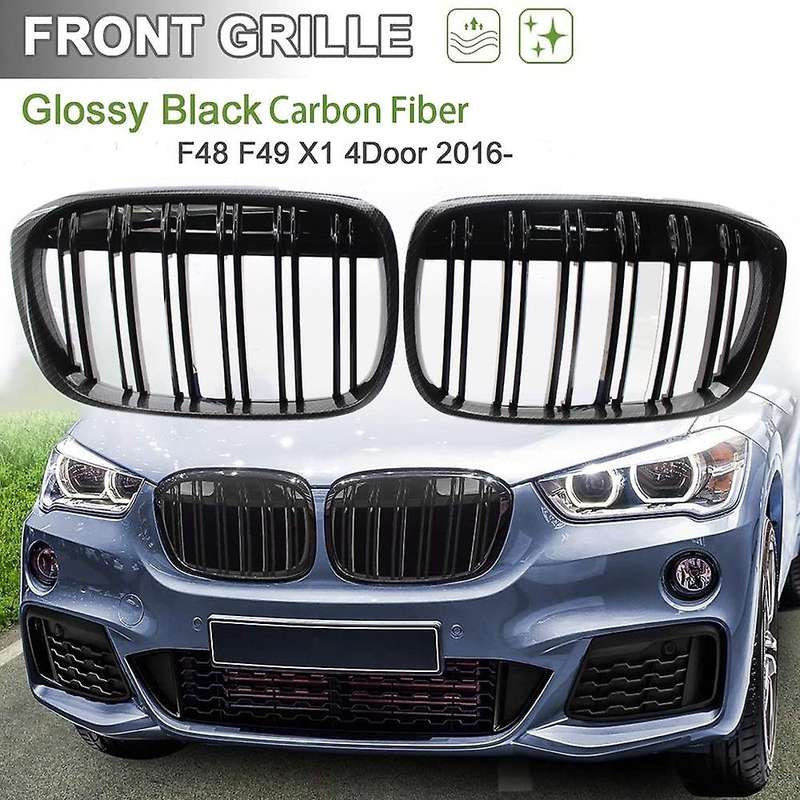 Front Kidney Grille Gloss Black Carbon Fiber Double Line Grill for X1 Series F48 F49 2016-2019