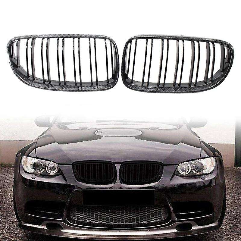 Front Kidney Grille Glossy Black Carbon Fiber Double Line Grill for E92 E93 3 Series Coupe/Convertib