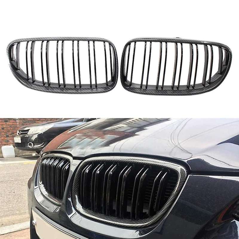 Front Kidney Grille Glossy Black Carbon Fiber Double Line Grill for E92 E93 3 Series Coupe/Convertib