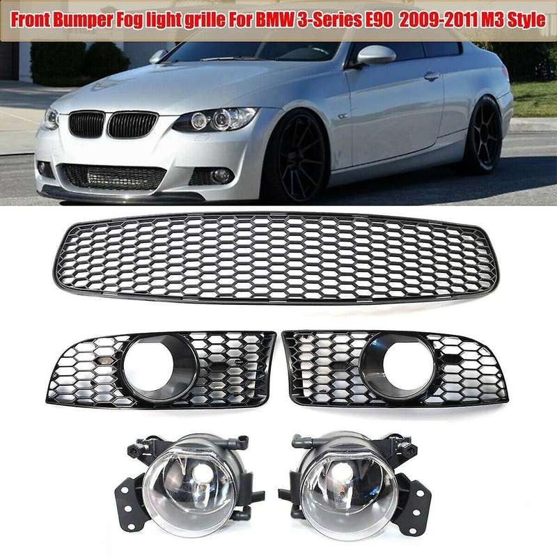 Front Lower Bumper Grille Fog Light Grill + Fog Lamp Kit for 3-Series E90 E92 E93 2009-2011