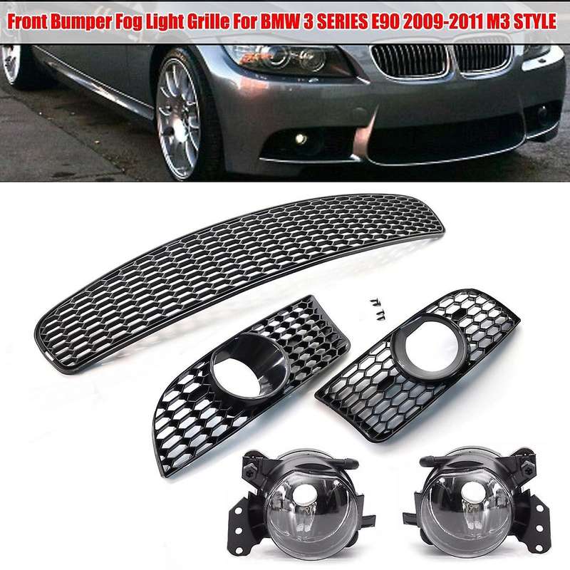 Front Lower Bumper Grille Fog Light Grill + Fog Lamp Kit for 3-Series E90 E92 E93 2009-2011