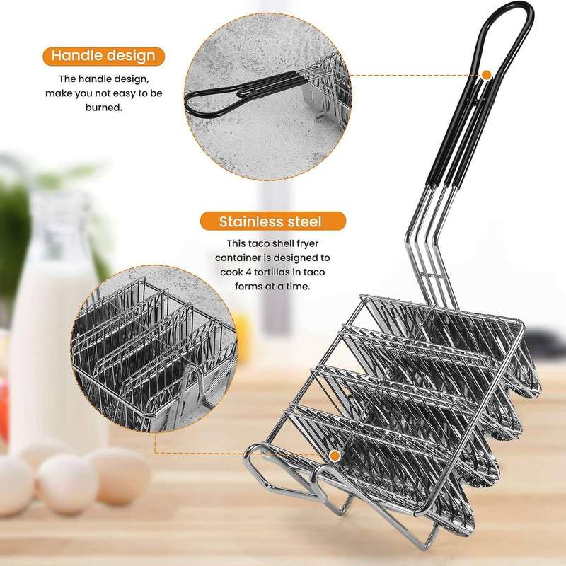 Fryer Basket, Shell Fryer, Holds 4 Shells Deep Fryer Holders Basket with Grip Handle Holder Stand
