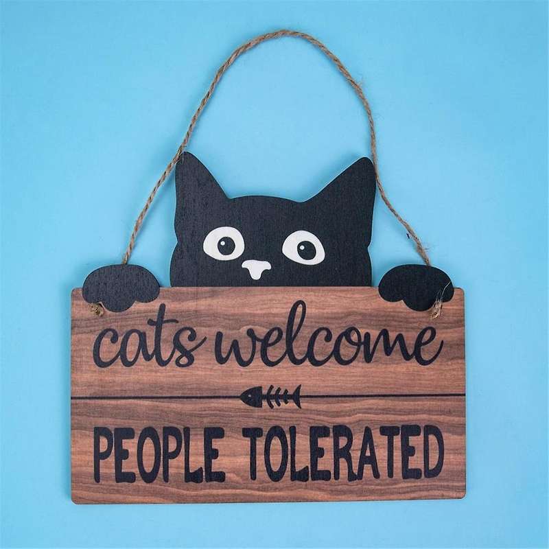 Funny Cats Welcome Sign, Cats Welcome People Tolerated Kitten Wooden Plaque, Black Cats Wall Decor,