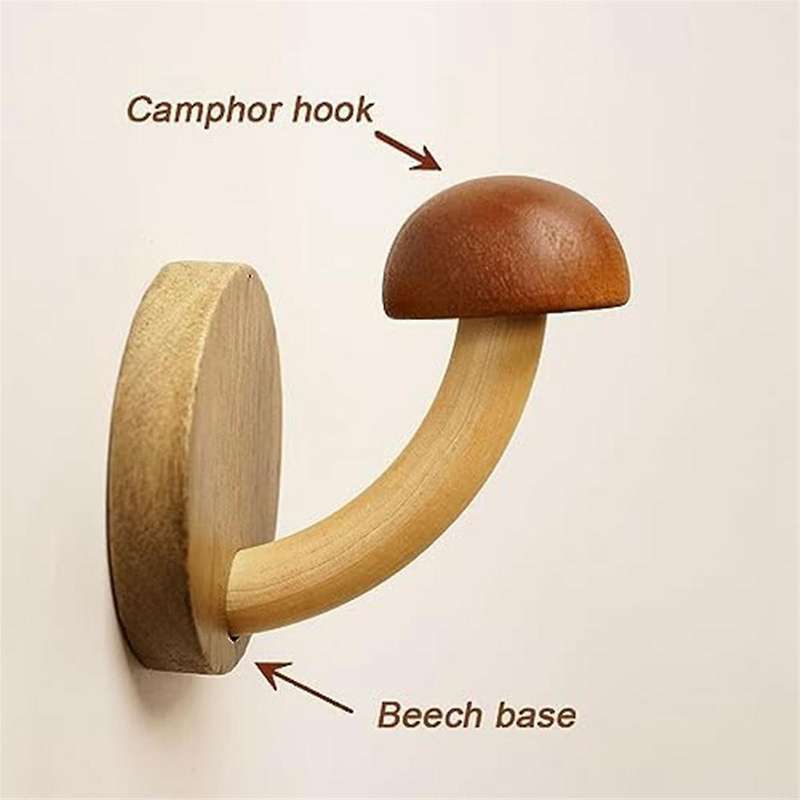 Fun Wooden Mushroom Coat Hook, Non-perforated Solid Wood Hook, Kitchen Bathroom Cloakroom Door Hook