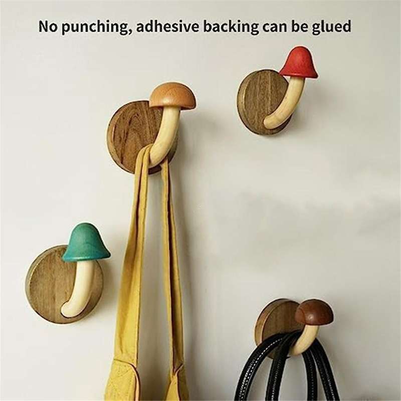 Fun Wooden Mushroom Coat Hook, Non-perforated Solid Wood Hook, Kitchen Bathroom Cloakroom Door Hook