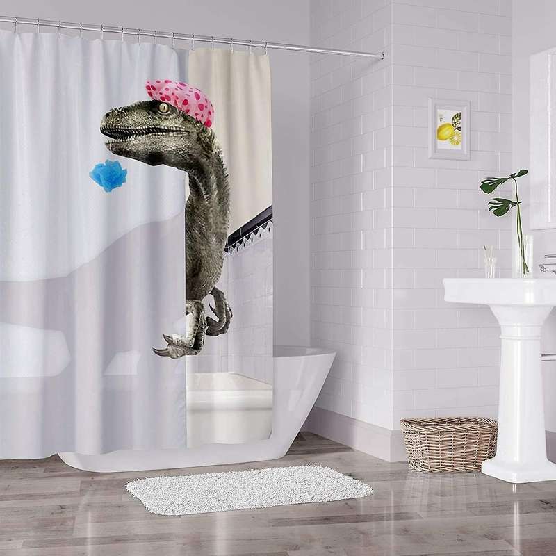 Funny Dinosaur Shower Curtain Bathroom Curtain with Hook Cartoon Bathing Dinosaur Fabric Shower Curt
