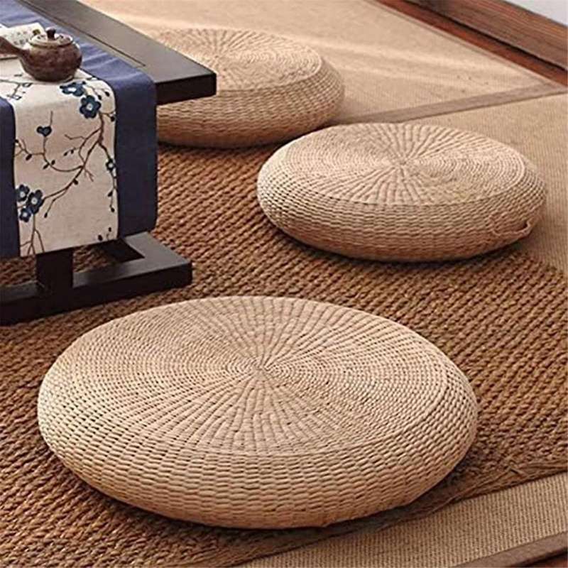 Futon Seat Cushion, Natural Straw Outdoor Floor Pillow, Round Floor Mat, Handmade Meditation Cushion
