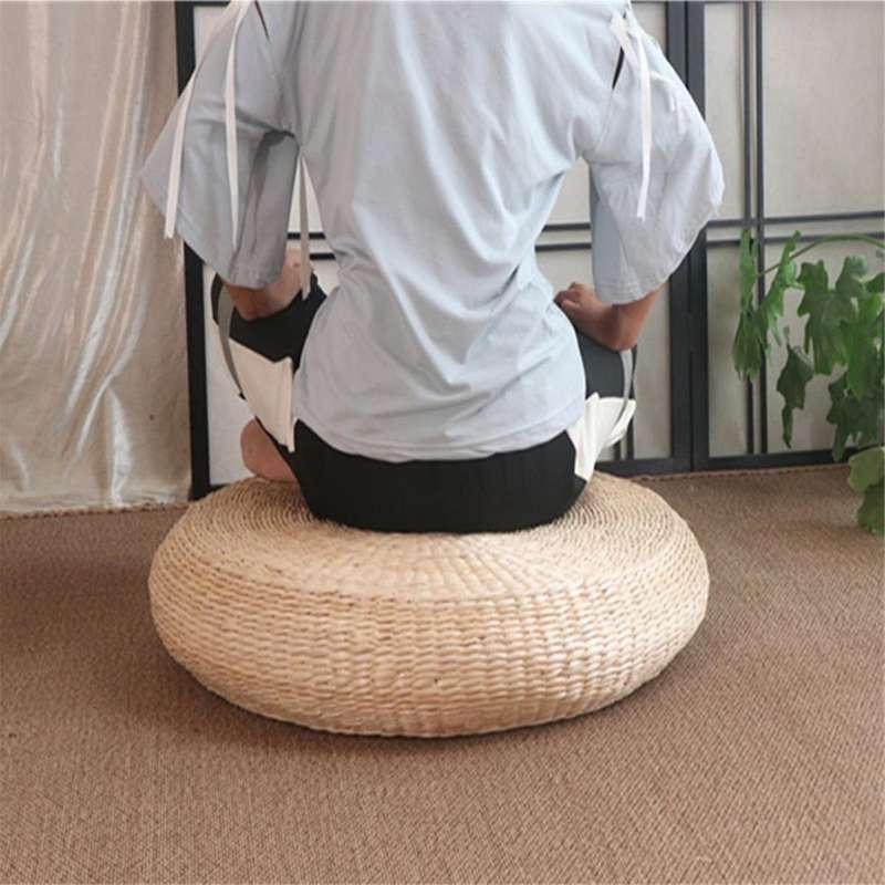 Futon Seat Cushion, Natural Straw Outdoor Floor Pillow, Round Floor Mat, Handmade Meditation Cushion