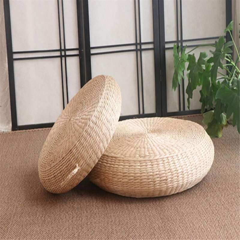 Futon Seat Cushion, Natural Straw Outdoor Floor Pillow, Round Floor Mat, Handmade Meditation Cushion
