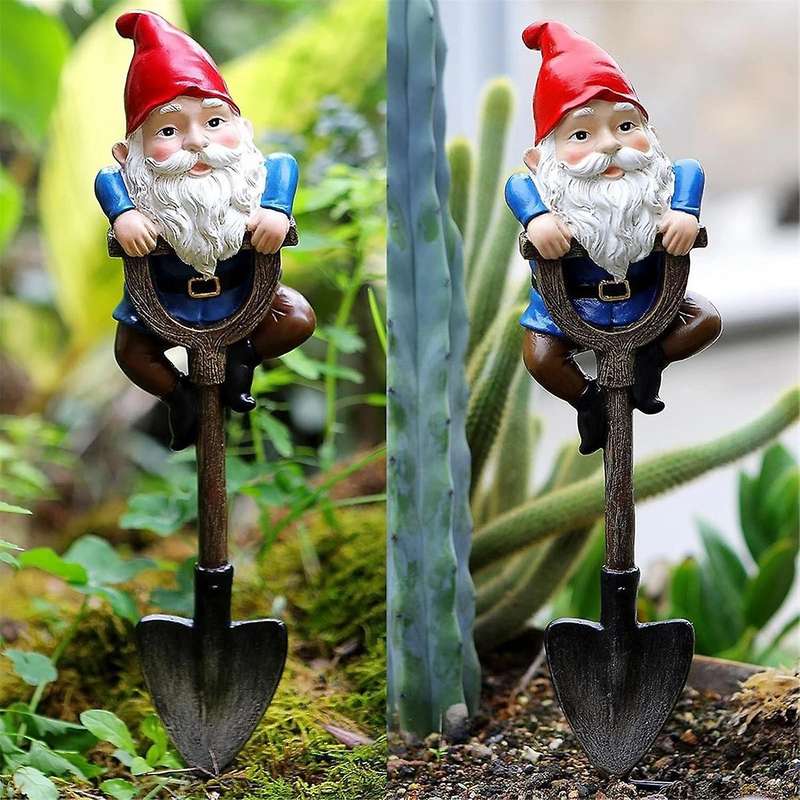 Garden Gnomes Decorations for Yard, Funny Outdoor Statue Gift, Naughty Knome Standing on a Shovel, H