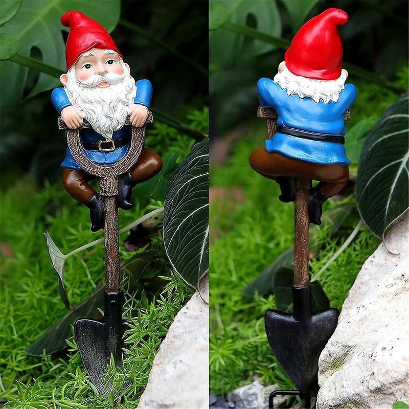 Garden Gnomes Decorations for Yard, Funny Outdoor Statue Gift, Naughty Knome Standing on a Shovel, H