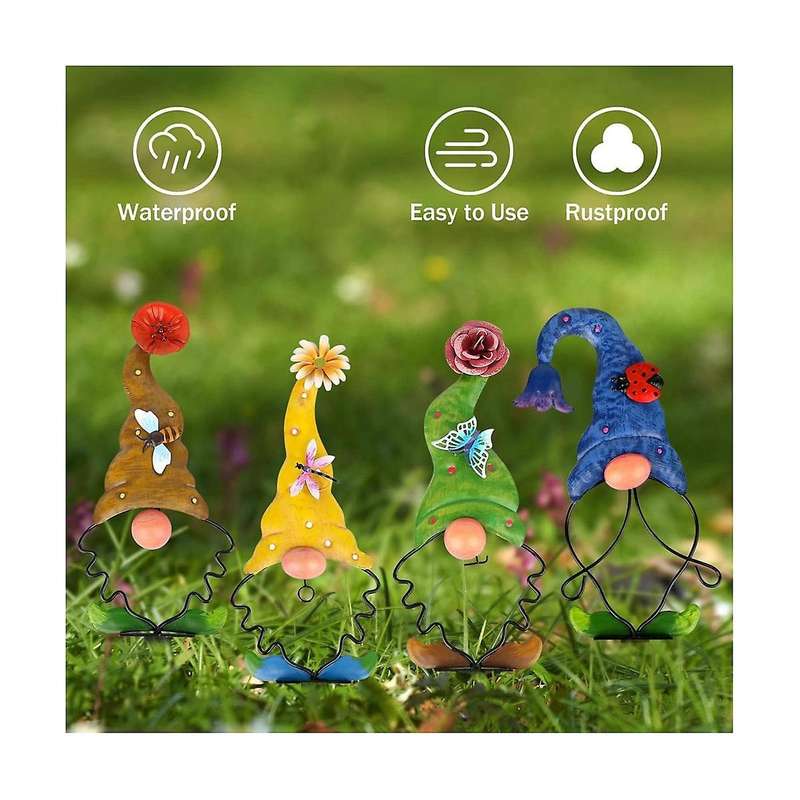 Garden Gnome Stake Decoration Metal Yard Art Outdoor Statue Decor for Lawn Patio Pathway (4 Pieces)