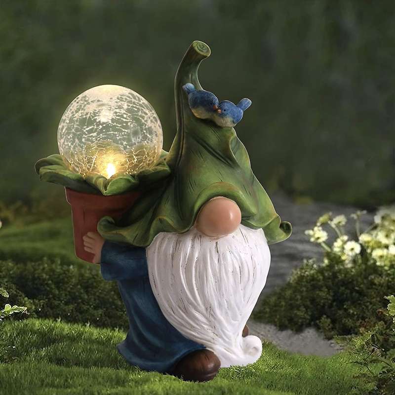 Garden Gnome Statue Resin Figurine Carrying with Solar LED Lights Outdoor Decorations for Yard Lawn